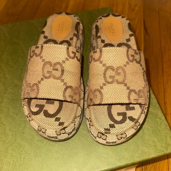 Gucci Tan Monogram Slide Sandals - Picture 2 of 7